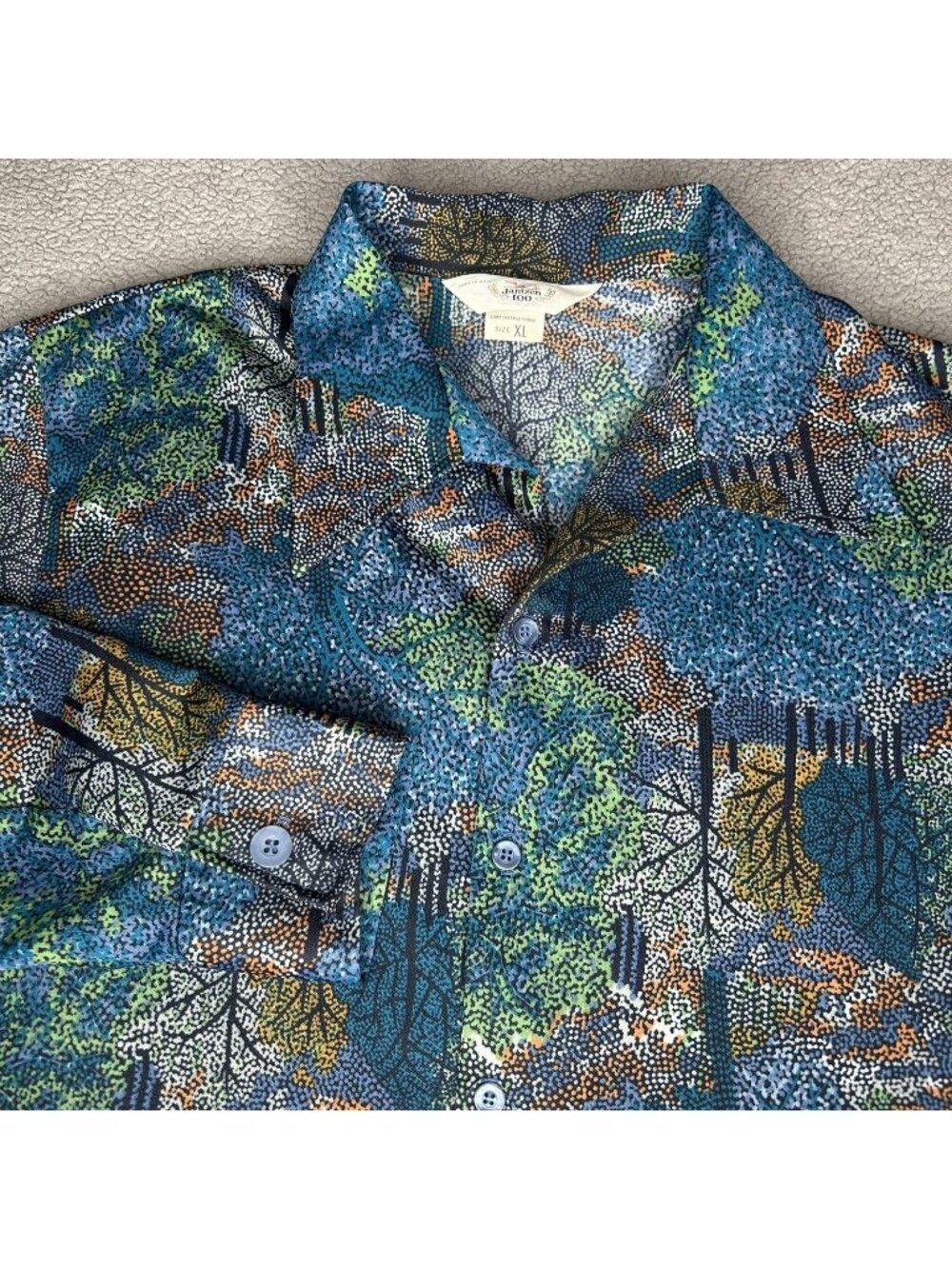 Vintage Jantzen Shirt Men XL Blue Forest Tree Print Knit Button Up USA 70s Disco